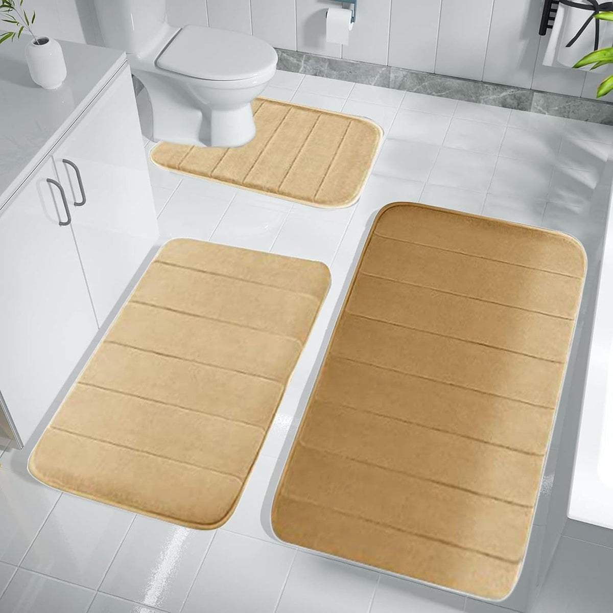 Bathroom Rugs Sets of 3, Memory Foam Bath Mat Set Bathroom Rugs 3 Pcs Toilet Mats Universal Soft Comfortable Water Absorption Non-Slip Washable Bath Rug
