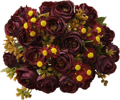 Artificial Flowers Fake Flower,Flower Bouquet with Rose Chamomile Green Leaves Realistic Reusable Non-Withering Home Wedding Party Faux Floral Plant Decoration Photo Props Wine Red