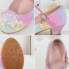 Girls Dress Flat Toddler Princess Glitter Flower Big Kids Shoes Mary Jane Low Heels for Party Wedding Flat