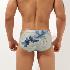 White And Indigo Blue Lotus Men's Swimsuit Brief Beach Shorts Bikini Swimwear Sexy Swimming Trunks