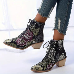 Chunky Heel Boots Women Flower Embroidered Block Heels Ethnic Ankle Booties Womens Bride Wedding Party Pointed Toe Comfortable Walking Boot Shoes Classic Lace Up Short Dress Boots