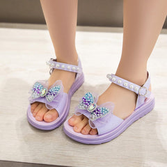 Girls' Pearl Sandals Summer Children's Soft Soled Girls' Princess Sandals Toddler Pool Bowknot Rhinestone Sparkingly Flat