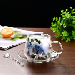 250 ml Glass Coffee Cup with Saucers and Spoons Double Wall Insulated Glass Coffee Mug Flower Tea Cups with Handle for Cappuccino Latte Tea Hot Beverages (Green white)