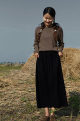 Women's Maxi Wool Skirt with Pockets Elastic High Waist Drawstrings Autumn Winter Pleated Midi Skirt