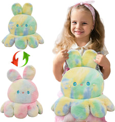 Octopus Rabbit Reversible Stuffed Animal Plushie - Kids Cute and Soft Plush Pillow Toy - Toddlers & Children’s Ideal Gift - Cozy Embraceable Companion (Green-Pink,13 inch)