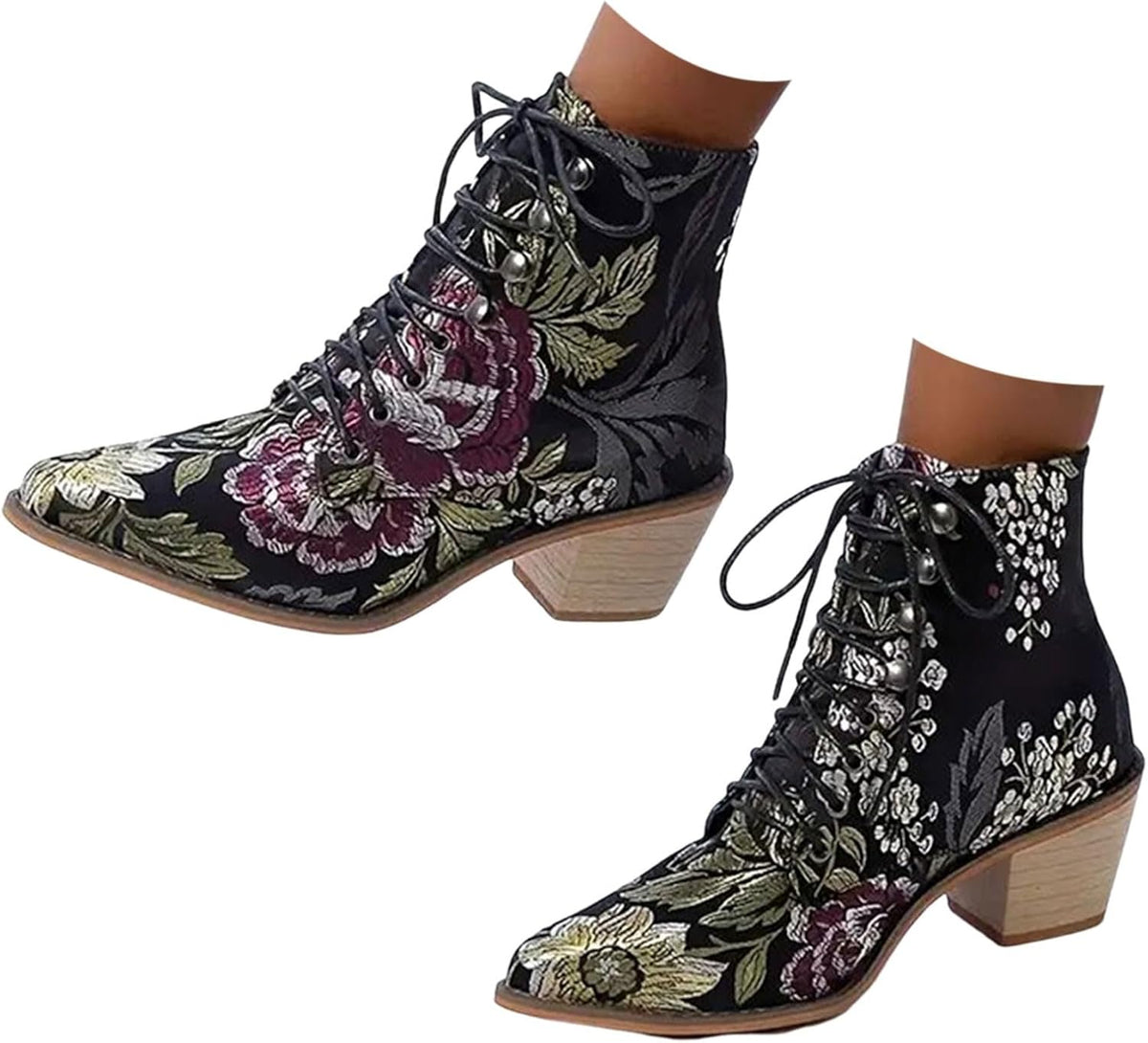 Chunky Heel Boots Women Flower Embroidered Block Heels Ethnic Ankle Booties Womens Bride Wedding Party Pointed Toe Comfortable Walking Boot Shoes Classic Lace Up Short Dress Boots