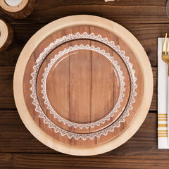 Efavormart 25 Pack White Brown Wood Grain Print Paper Dinner Plates With Floral Lace Rim, Round Disposable Party Plates - 7"