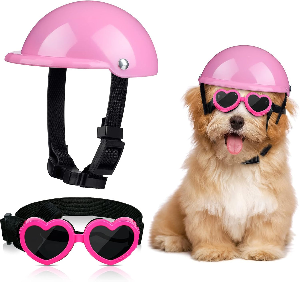 Xuniea 2 Pcs Small Dog Helmet and Goggles Puppy Sunglasses UV Protection Pet Helmet with Adjustable Belt Dog Motorcycle Hard Safety Hat for Doggie Windproof Glasses Small Pet Cycling Riding(Pink)