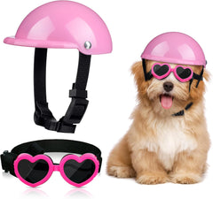 Xuniea 2 Pcs Small Dog Helmet and Goggles Puppy Sunglasses UV Protection Pet Helmet with Adjustable Belt Dog Motorcycle Hard Safety Hat for Doggie Windproof Glasses Small Pet Cycling Riding(Pink)
