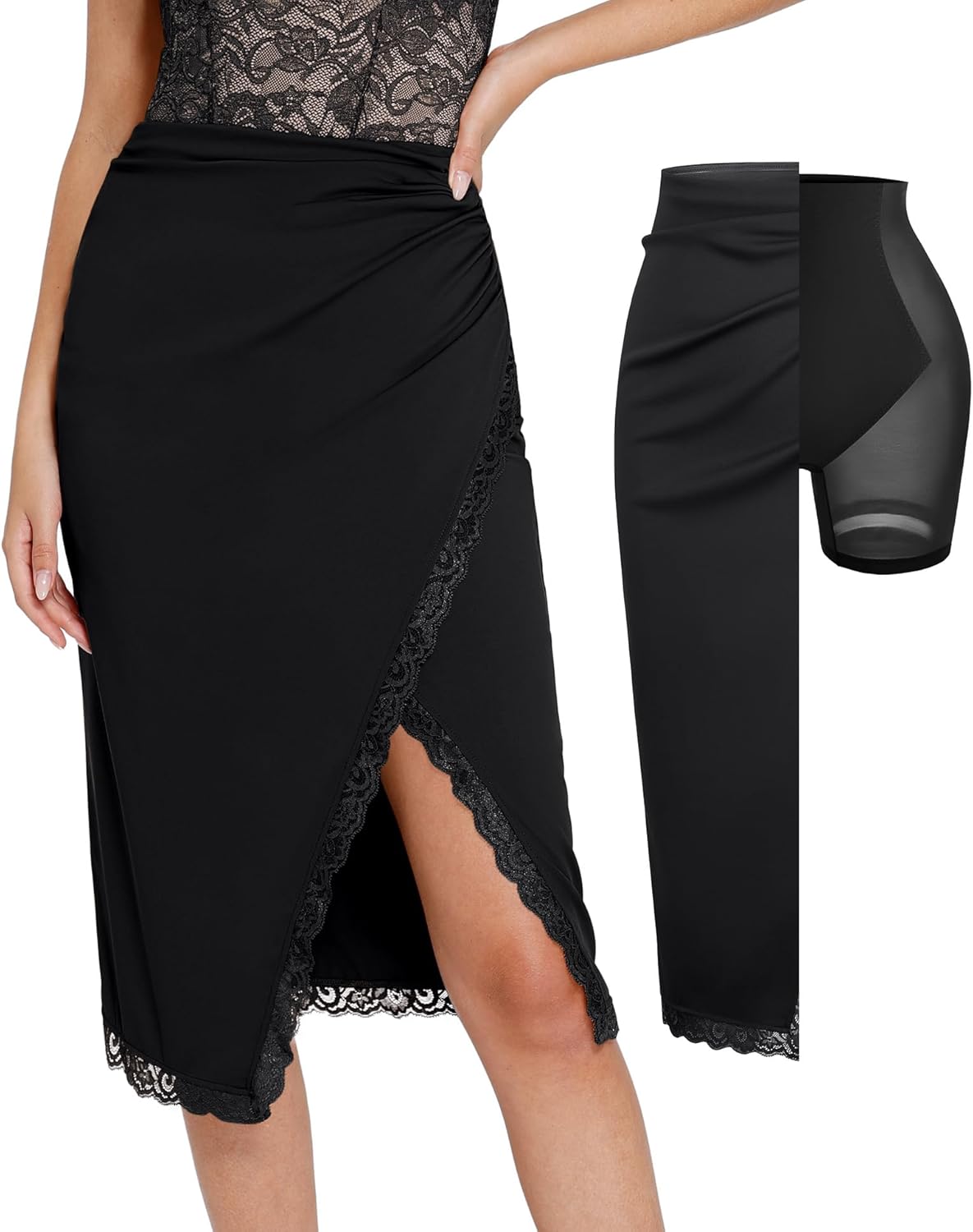 Popilush Midi Skirts for Women Lace Shapewear Split Satin High Waisted Bodycon Long Skirt Built-in Tummy Control