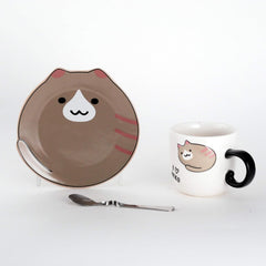 Hinomaru Collection Cute Neko Kitten Cats 8 fl oz Teacup with Spoon and Saucer Set Coffee Latte Hot Beverage Mug With Stirring Spoon (Brown Cat)