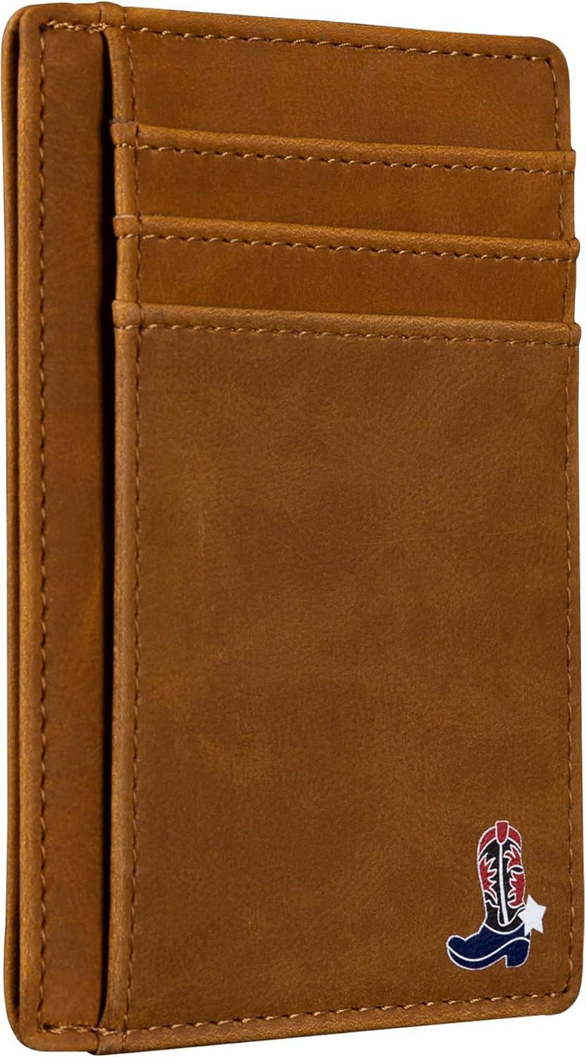 Slim Front Pocket Wallet, PU Leather, Khaki, Card Holder, RFID Blocking with Texas Souvenir Logo, Gift for Texans and their lovers (Texas Armadillo on Cardholder)