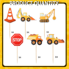 24 Pcs Construction Cupcake Toppers, Excavator Stop Sign Tractor Dump Truck Architectural Birthday Cake Decorations for Construction Theme Baby Shower Kids Birthday Party Supplies