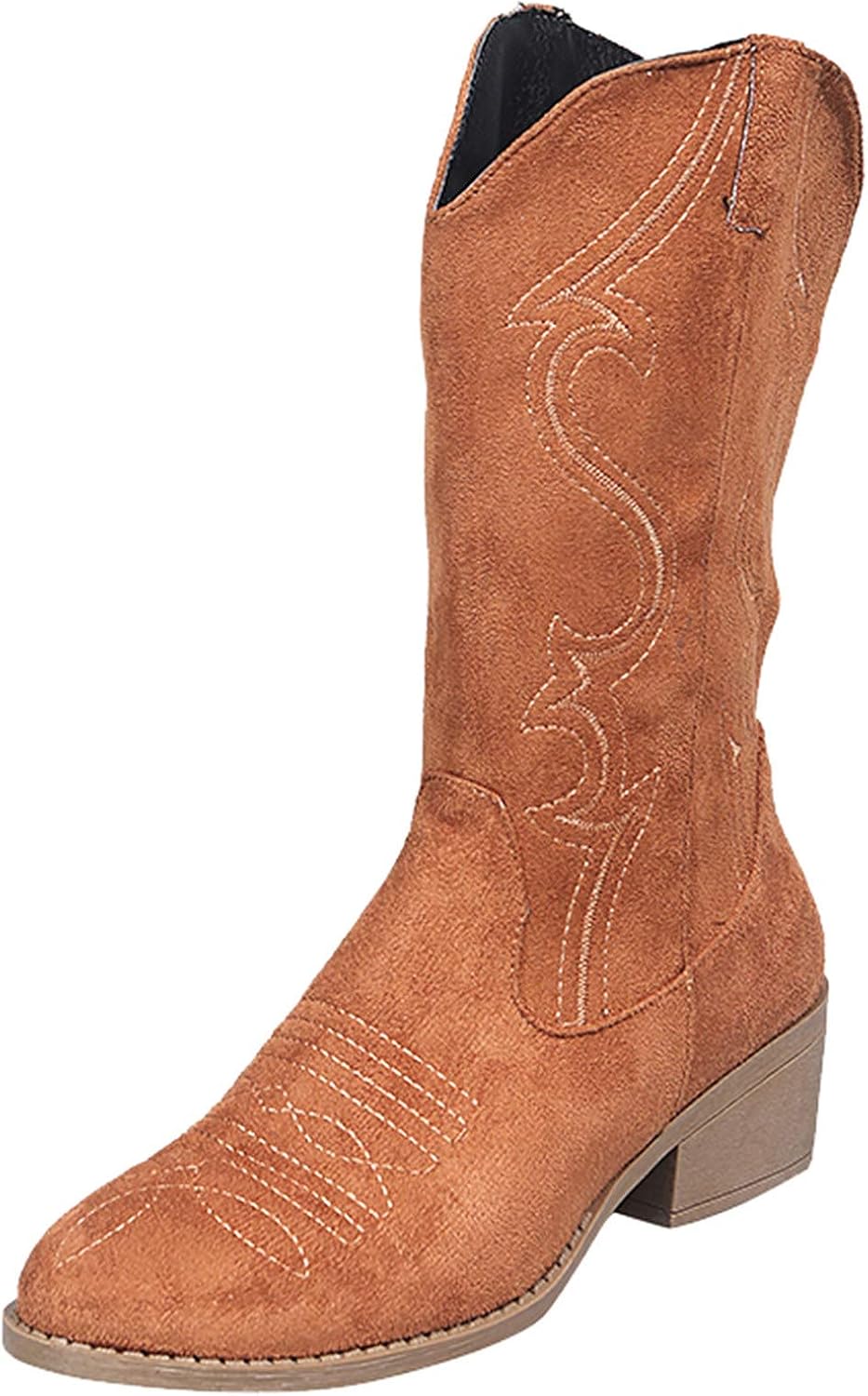 Cowboy Boots for Women Suede Wide Calf Western Cowgirl Booties with Classic Embroidered Slip on Square Toe Vintage Country Riding Boots Side Zipper Retro Chunky Low Heel Short Boot