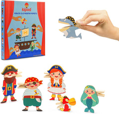 kipod- Clothespin Theater Pirate Puppets- Set of 6 Wooden Pirate Finger Puppets for Kids Ages 2+- Montessori- Imaginative Play Toy