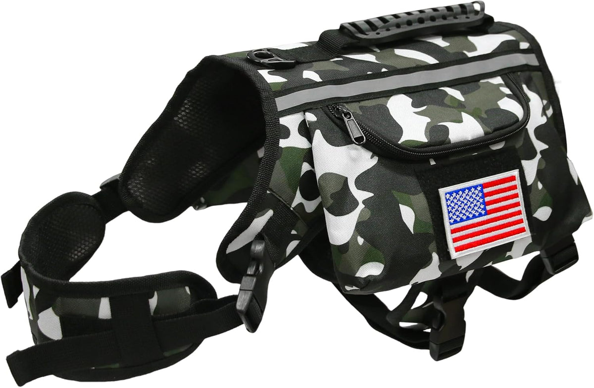Dog Backpack Saddle Bag for Medium Large Dogs, Harness Saddlebag with Reflective Safety Side Pockets for Hiking, Camping