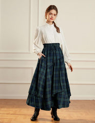 Women Plaid Skirt High Waist A Line Tiered Long Skirt with Pockets