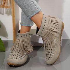 Cowboy Boots for Women Fringe Tassel Studded Back Zipper Flat Ankle Boots Fashion Round Toe Wide Width Non-Slip Booties
