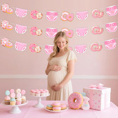 JOYMEMO 3 Pieces Donuts and Diapers Baby Shower Banners Pink, Donuts and Diapers Decorations for Girls, Sweet Doughnut Theme Baby Shower Party Supplies