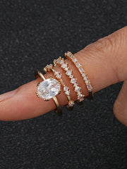 Elegant Stacking Rings Set Sparkling Zirconia Teardrops Rectangular Symbols Romance Prestige Everyday Wear Spring Festival New Year