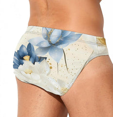 White And Indigo Blue Lotus Men's Swimsuit Brief Beach Shorts Bikini Swimwear Sexy Swimming Trunks