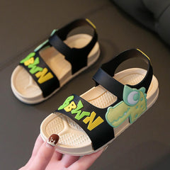 Boys Dinosaur Print Soft Bottom Non Slip Pvc Sandals Collision Color Beach Shoes For Toddler Little/big 9c Slides Boys