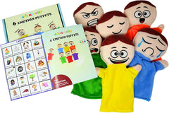 4E's Novelty Feeling Hand Puppets for Kids with 6 Emotions, with Moveable Arms, Soft Plush Hand Puppets for Toddlers, Early Education Toys, Social Emotional Learning Activities - Pack of 6