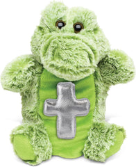DolliBu Alligator Hand Puppet Stuffed Animal with Silver Cross and Personalization - Baptism Gifts for Boys and Girls, Dedication Christening Gifts Plush Prayer Toy Healing Teddy Bear - 9 Inches