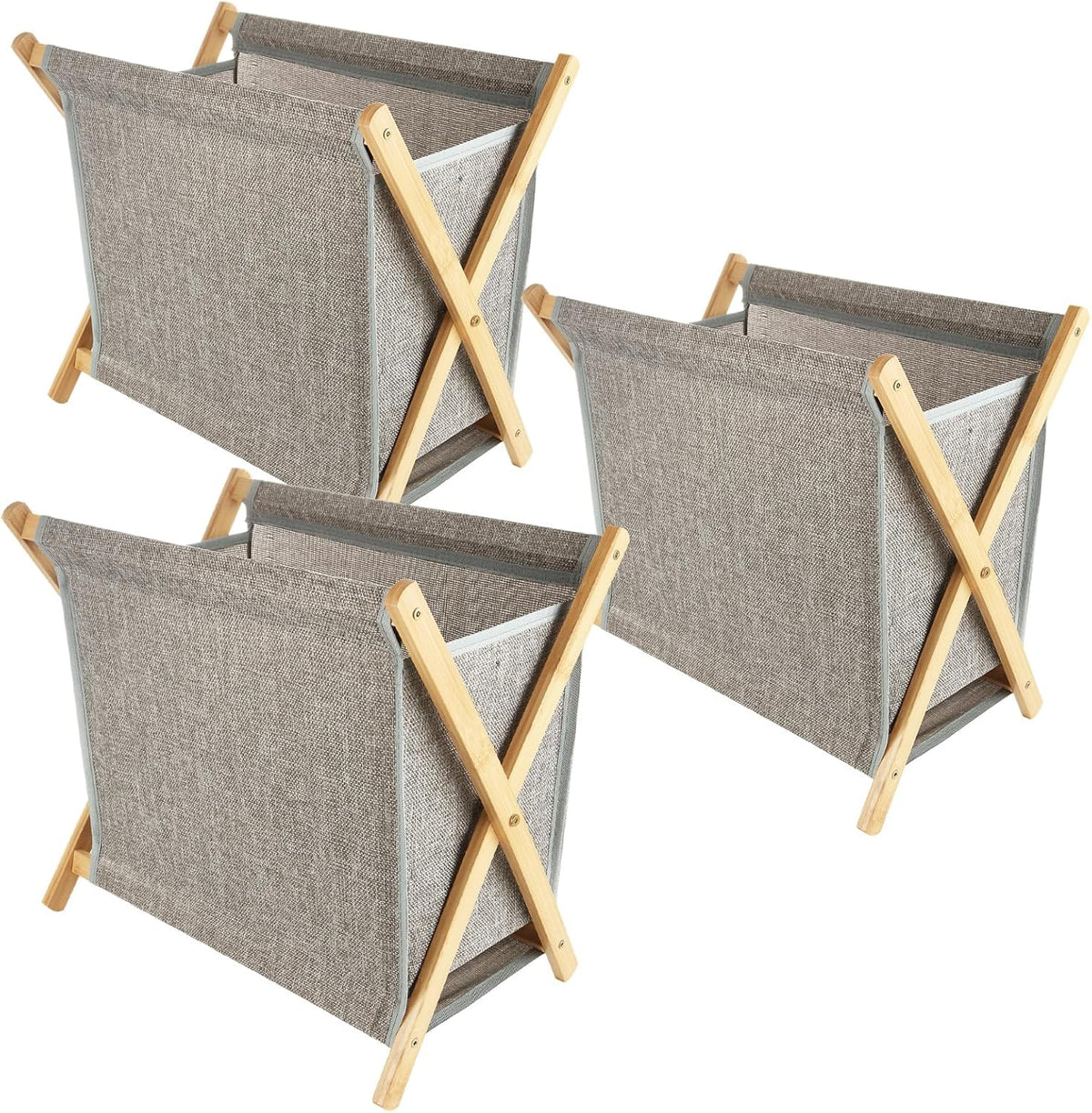 3 PCS Bamboo Laundry Hamper, X-Frame Laundry Basket, Laundry Hamper with Removable Bag, Foldable Laundry Basket for Household-Gery