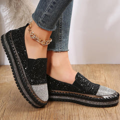 SACFOF Women Rhinestone Platform Loafers Glitter Fashion Slip-On Sparkle Sequin Sneakers Casual Flat Bling Loafers