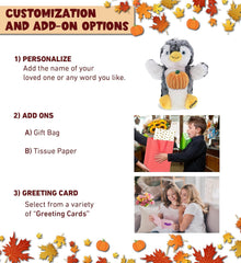 DolliBu Halloween Stuffed Animal Penguin Plush Hand Puppet with Pumpkin - Penguin Stuffed Animal Puppet with Small Pumpkin Plush Perfect Halloween Plush Toys with Name Personalization - 8.5 Inches