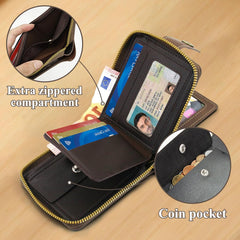 PU Leather Wallet for Men, Mini Portable Bifold Mens’ Wallet with Zipper Buckle Multi Compartments ID Windows (Black)