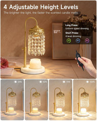 Candle Warmer Lamp With Timer, Dimmer and 3 Bulbs - Marble Base for Adjustable Height - Crystal Lamp for Jar Candles - House Warming Decor Gifts, Crown Gold