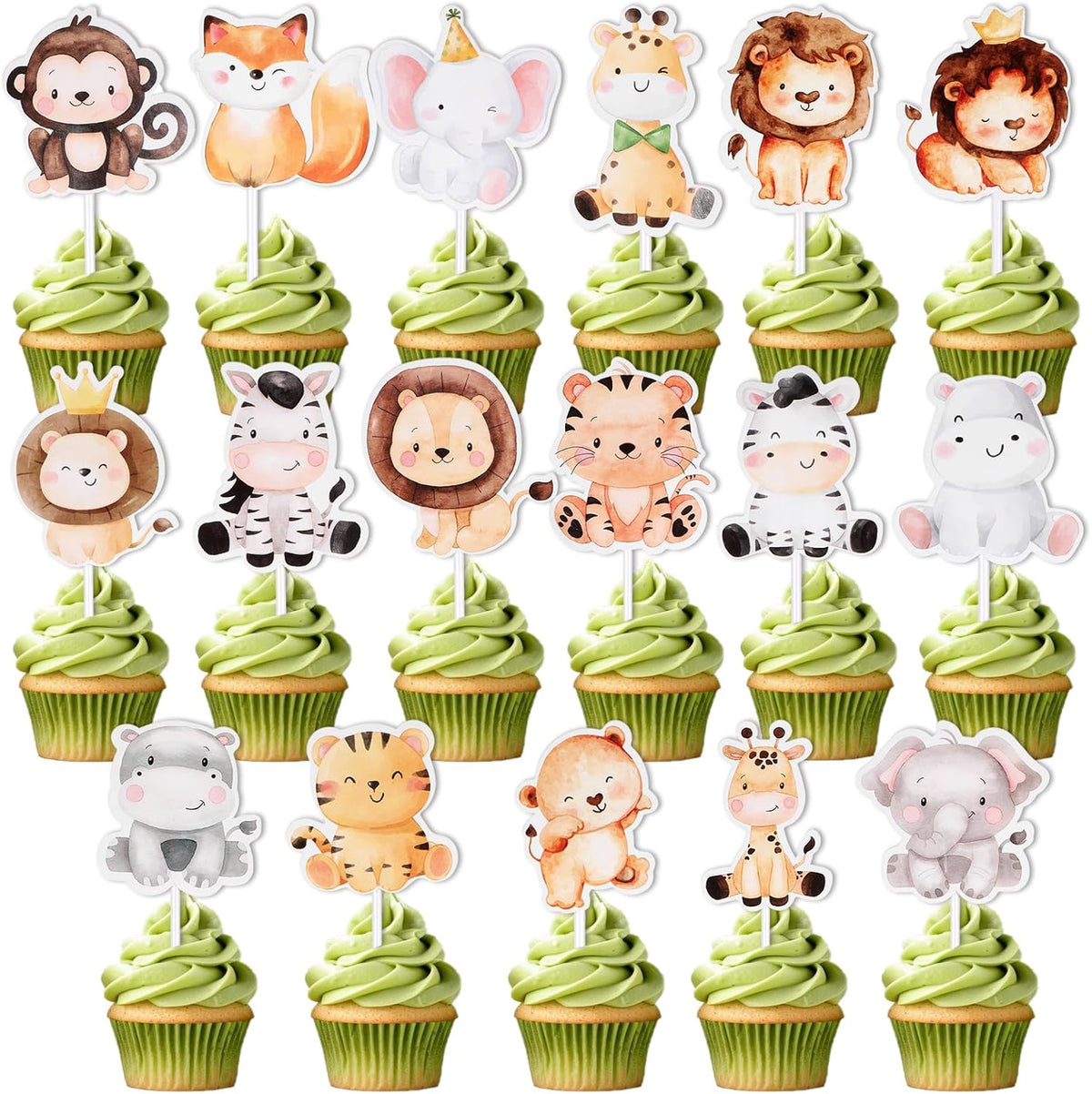 34 PCS Cartoon Animals Cupcake Toppers, Cute Animals Cake Toppers Jungle Baby Party Decorations Safari Theme Cupcakes Topper for Baby Shower Boys Kids Nursery Wild Party Supplies