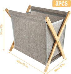 3 PCS Bamboo Laundry Hamper, X-Frame Laundry Basket, Laundry Hamper with Removable Bag, Foldable Laundry Basket for Household-Gery