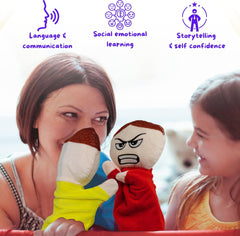 4E's Novelty Feeling Hand Puppets for Kids with 6 Emotions, with Moveable Arms, Soft Plush Hand Puppets for Toddlers, Early Education Toys, Social Emotional Learning Activities - Pack of 6