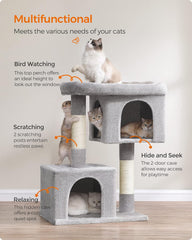 Feandrea Cat Tree, 29.1-Inch Cat Tower, M, Cat Condo for Medium Cats up to 11 lb, Large Cat Perch, 2 Cat Caves, Scratching Post, Light Gray UPCT612W01