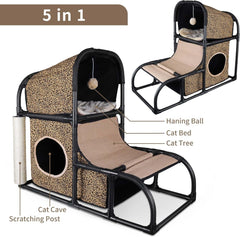 Goetland PVC Modern Cat Condo House Tree Medium Tower Bed Scratching Post Climber With Peek Hole and Dangling Ball for Kitty Indoors Leopard