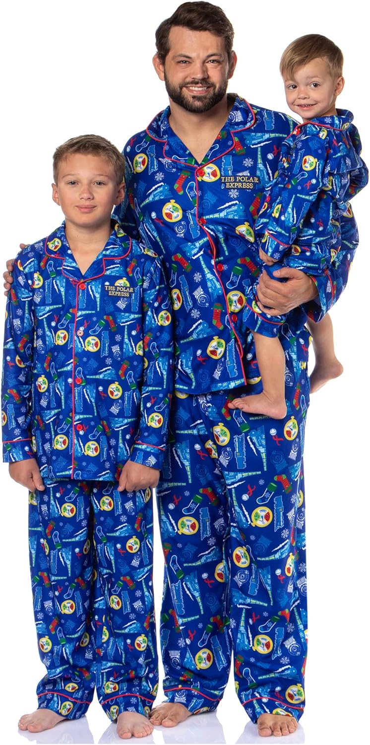 INTIMO The Polar Express Multiple Sizes Christmas Sleep Collared Button Down Long-Sleeve Pajama Set
