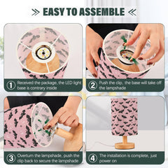 Pink Bat Silhouettes Bedside Table Lamp Small Desk Lamps Linen Fabric Shade Decorative Nightstand Lamp LED with USB Port Wood Base for Bedroom Living Room