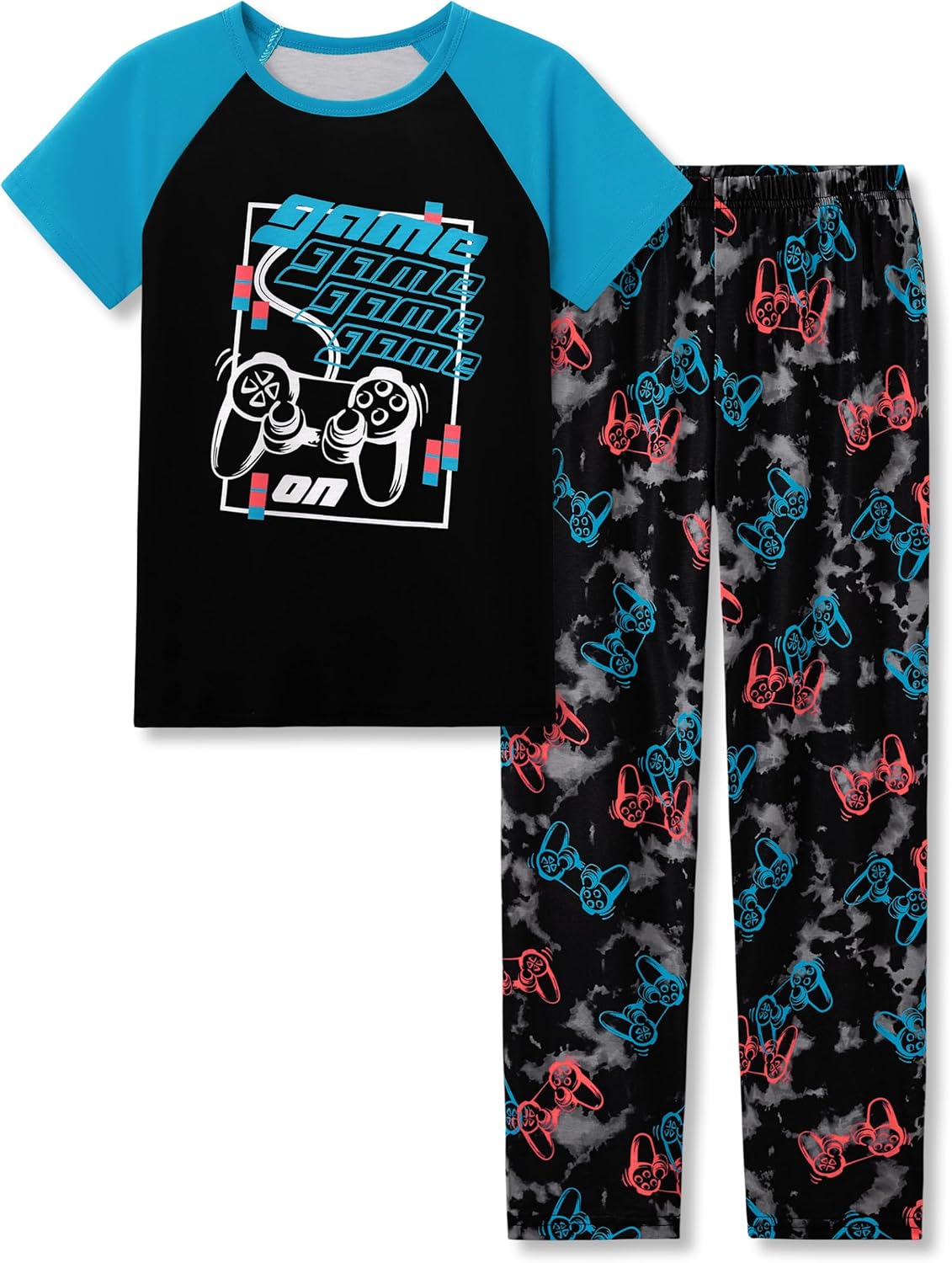 Beezizac Big Boys Pajamas Teal & Navy Face 2-Piece Fun Short Sleeve & Pants PJ Set Kid Cozy Sleepwear Size 6-18
