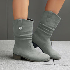 Crzidha Womens Western Suede Wide Width Boots Casual Round Toe Solid Color Pull on Shoes Fashion Slouchy Pleated Tall Shoes with Chunky Low Heel Fall Comfortable Lightweight Mid-Calf Short Booties
