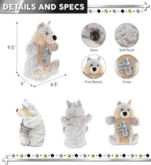 DolliBu Wolf Hand Puppet Stuffed Animal with Silver Cross and Personalization - Religious Baptism Gifts for Boys and Girls, Dedication Christening Gifts Plush Prayer Toy Healing Teddy Bear - 9.5 Inch