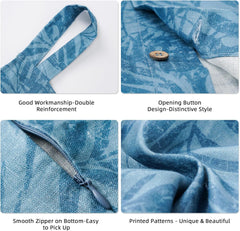 Linen Hanging Laundry Bag, 100% Linen Leaf Print Over The Door Laundry Hamper with Buttons and Zipper, Space Saving Door Hampers for Laundry Dirty Clothes Home Travel, Blue, 19.7x27.5inches