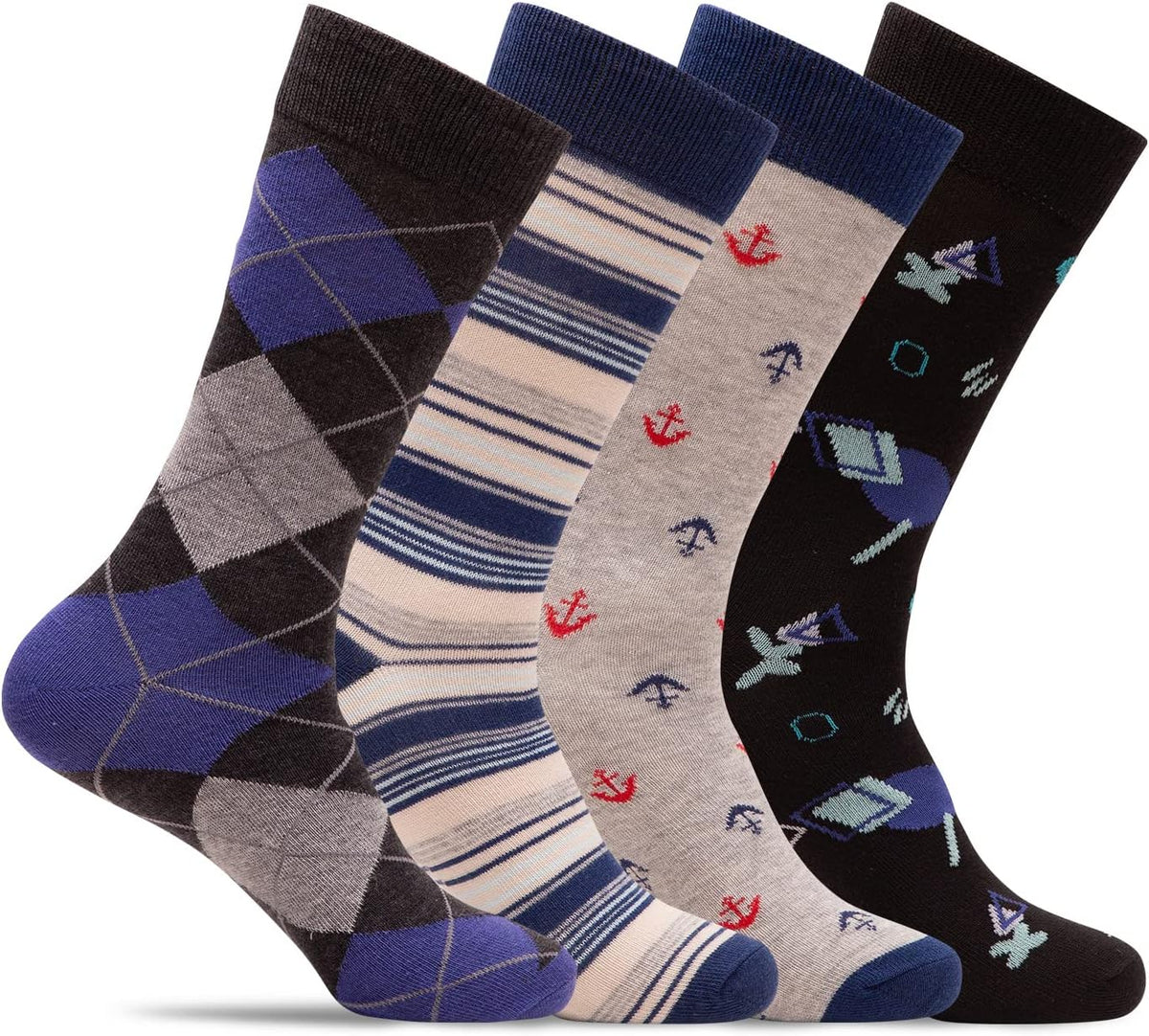 Mens 4 Pack of Light Cotton Blend Fun, Funky and Colorful Business Dress Socks