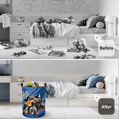 Racing Car Baby Laundry Hamper with Handle Clothes Kids Storage Basket Collapsible Boys Gift Toy Box Bin for Nursery Room, Blue, 36L