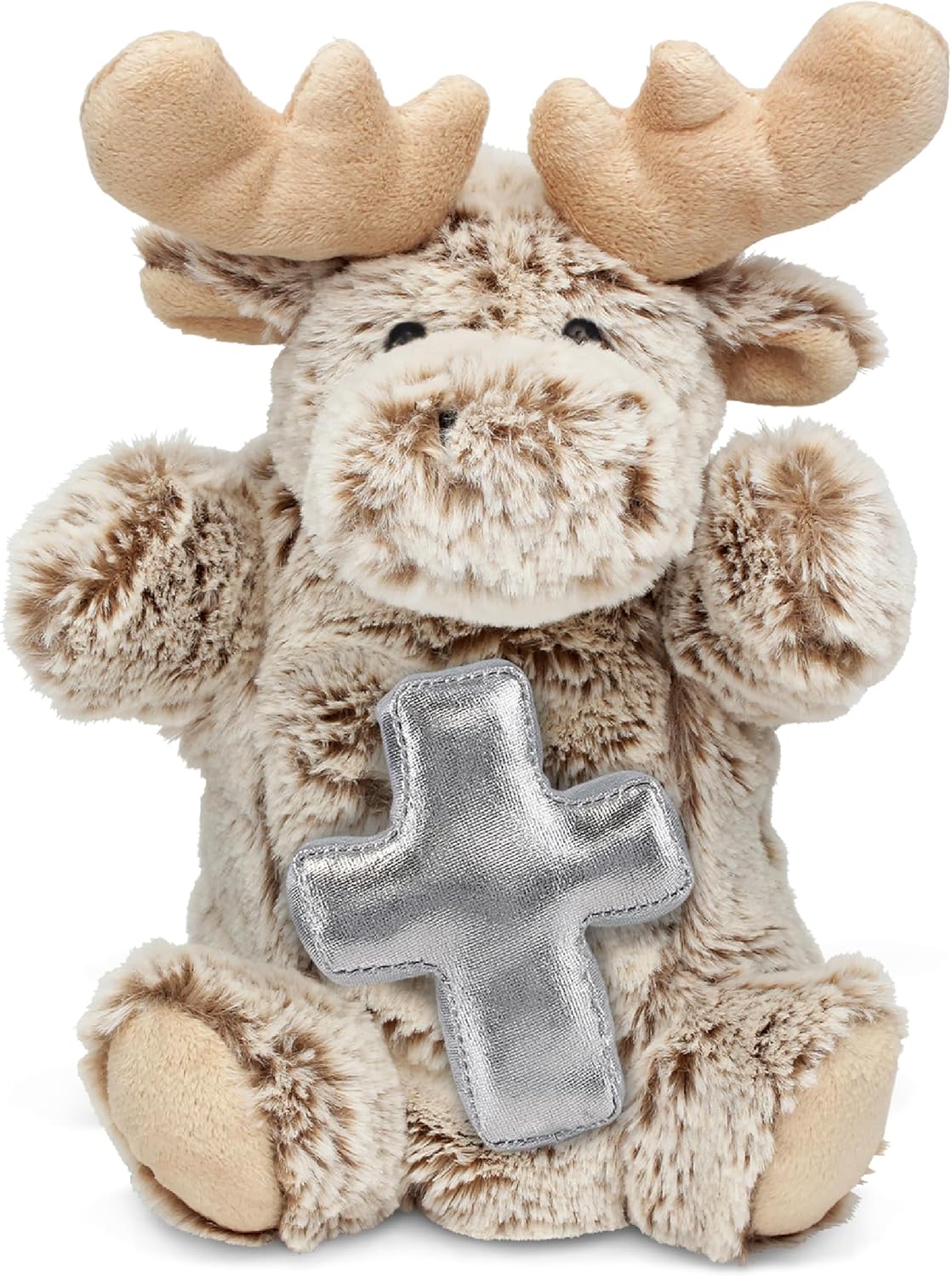 DolliBu Moose Hand Puppet Stuffed Animal with Silver Cross and Personalization - Religious Baptism Gifts for Boys and Girls, Dedication Christening Gifts Plush Prayer Toy Healing Teddy Bear - 10 Inch