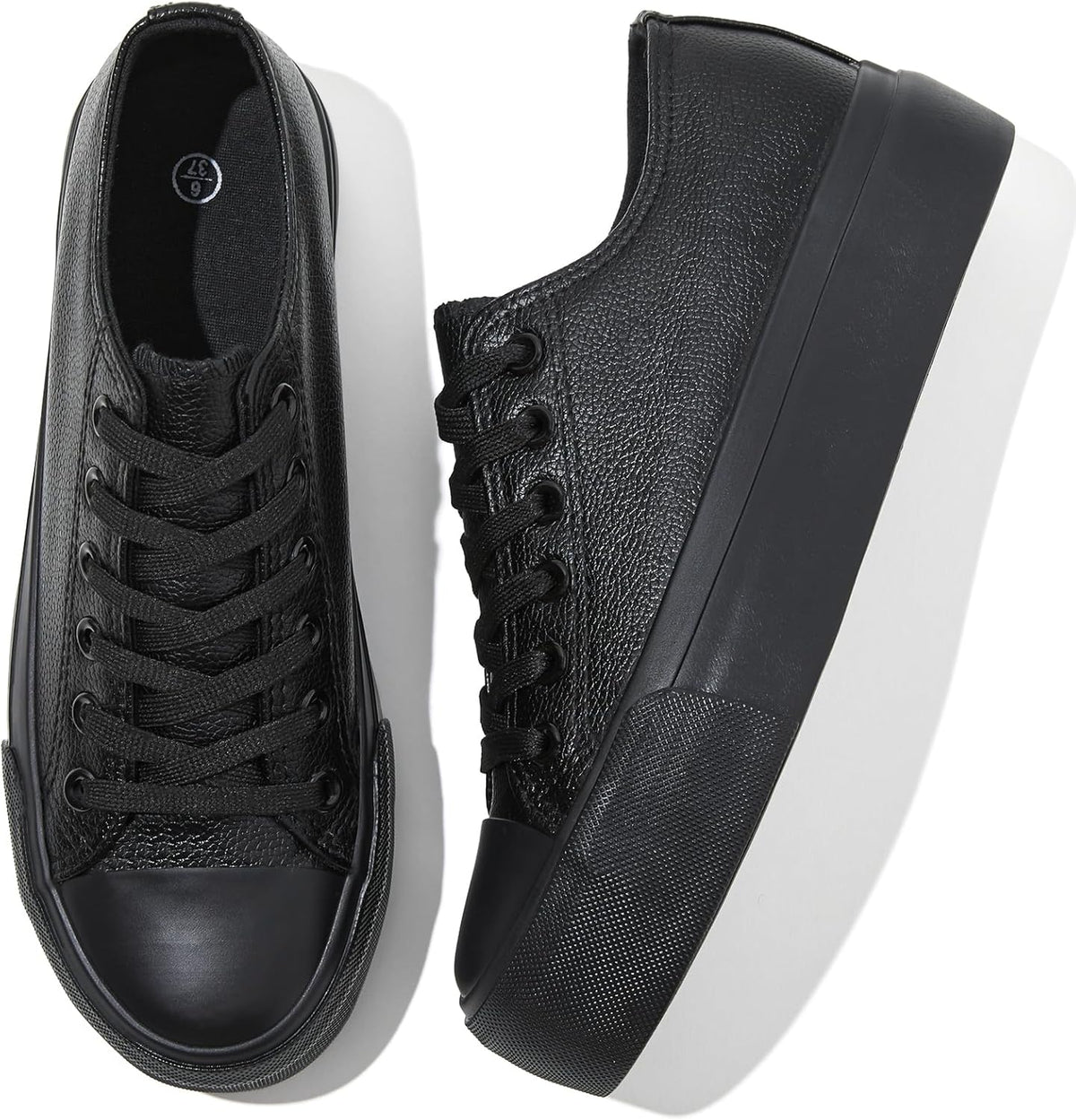 Rominz Women's White Platform Sneakers PU Leather Platform Shoes Classic Black Low Top Sneakers Casual Walking Shoes for Women