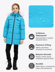 wantdo Girl's Winter Coat Waterproof Long Puffer Jacket Warm Parka with Faux Fur Hood
