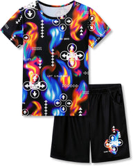 Tebbis 2-Piece Cozy Pajamas For Little/Big Boys Gamer Yellow Short Sleeves Cool PJs Set Kid Size 6-18